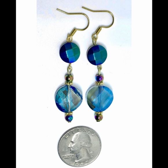 Purple Blue Ray Metallic and AB Colorized Crystal Round Twist Tile Earrings - Picture 2 of 2